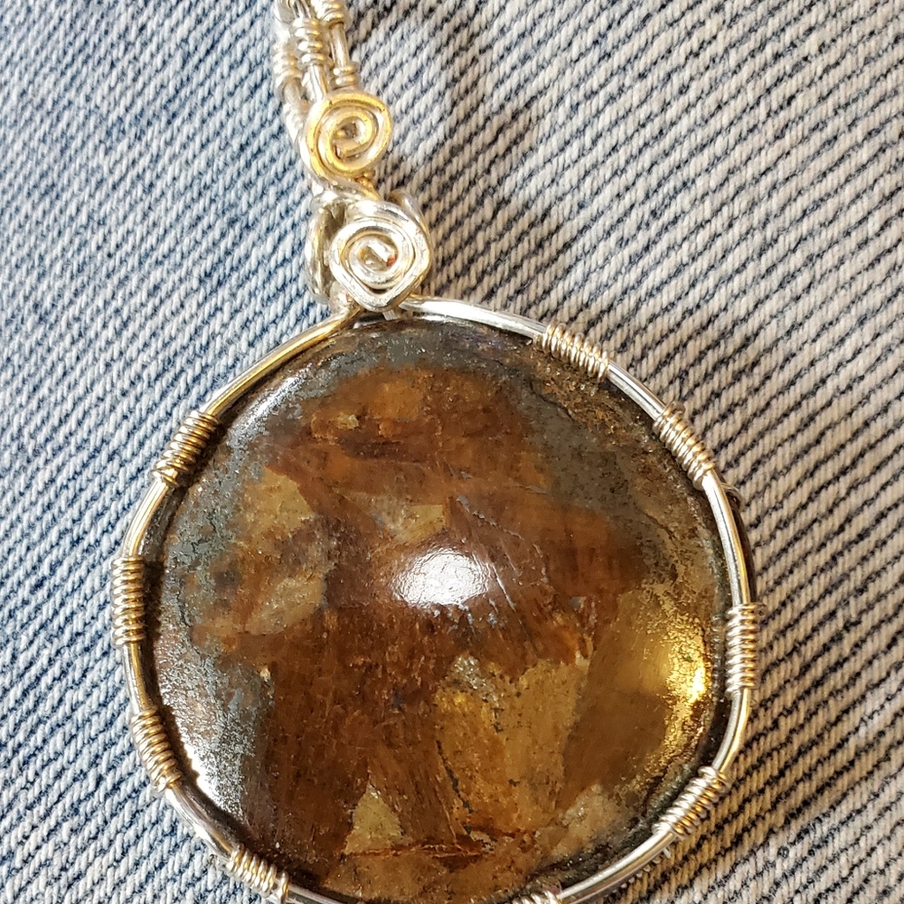 Bronzite wire wrapped pendant with chain